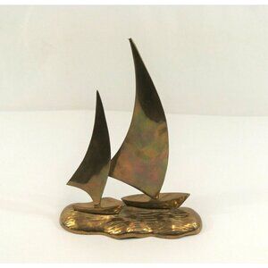Brass Paper Weight Sculpture Sailboats on Ocean Water 8.5" Marine Nautical Ships
